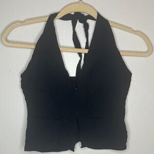 Black Halter Tie-Back Women's Top